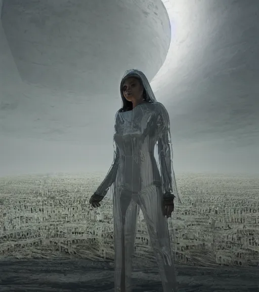 Prompt: tarkovsky greatest scene, tower of babylon destroyed, ethereal, ancient, majestic woman in a futuristic cyber clothing, transparent puffer jacket, hyperrealistic, blockchain, cyber world, ambient lighting, concept art, intricate sky, hyper - detailed, smooth, dynamic volumetric lighting, octane, ray tracing, cinematic, high quality, cgsociety