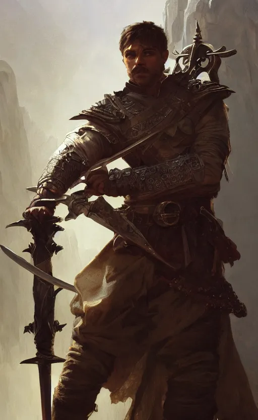 Prompt: '' Portrait of a rugged adventurer with a leather armor holding a big sword getting ready for battle, d&d, fantasy, high detail, digital painting, artstation, concept art, sharp focus, illustration, art by greg rutkowski and alphonse mucha ''