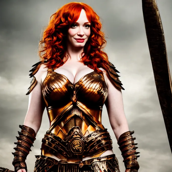 Image similar to professional full length photograph of christina hendricks as a amazon warrior. Extremely detailed. 8k