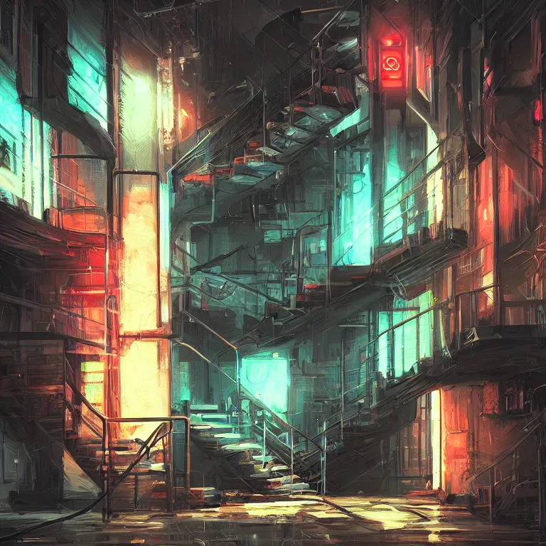 Prompt: down a basement staircase neon lights cyberpunk style digital painting concept art smooth sharp focus hyperrealistic illustration artstati