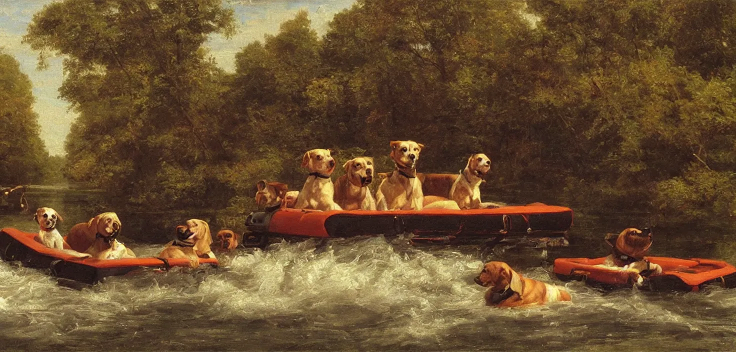 Prompt: mechanical dogs floating on a raft down a river, Hudson River school