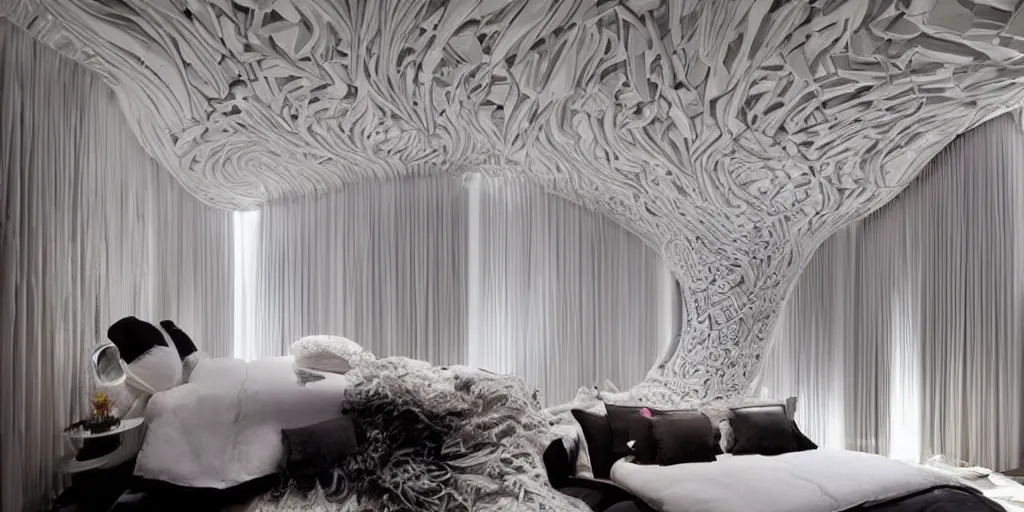 Image similar to a cozy bedroom decorated by Zaha Hadid, detailed, high resolution, wow!, intricate