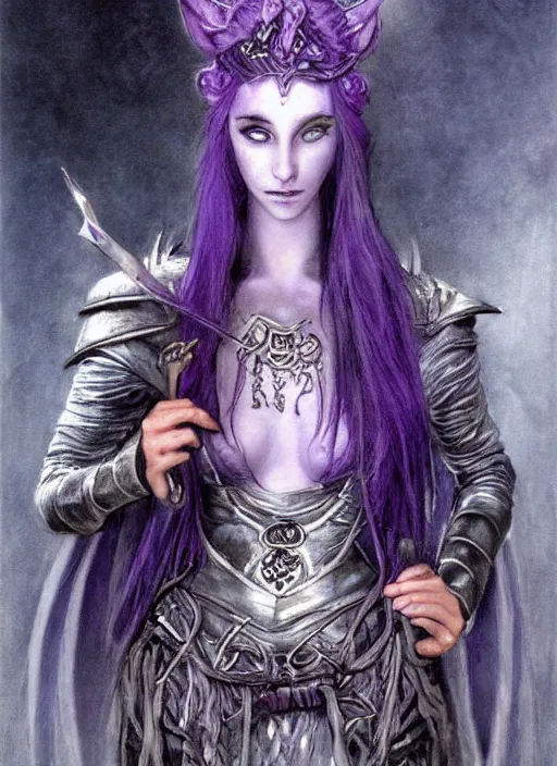 Image similar to portrait of young female sorceress of the endtimes, transluscent skin, silver filigreed armor, lavender hair, beautiful! coherent! dungeons and dragons character, by brian froud, strong line, cool night color, high contrast