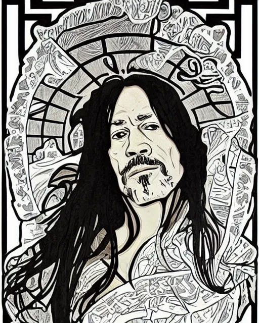 Image similar to a portrait painting of ( ( ( danny trejo ) ) ) in the style of alphonse mucha!!!