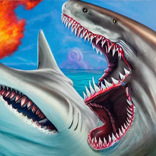 Image similar to full - color photorealistic fantastical oil - painting of : an anthropomorphic muscular male humanoid - hybrid shark - monster is terrorizing workers on the deck of a commercial fishing boat. the shark - monster is wearing swim - trunks. highly - quality, highly - detailed professional artwork.