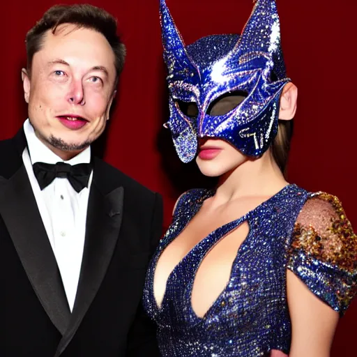 Prompt: Elon Musk in a big and fun elongated masquerade party