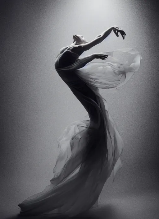 Image similar to a Photorealistic dramatic hyperrealistic render of a beautiful Female smoke dancer by Ken Brower and Deborah Ory of NYC Dance project,Lois Greenfield,Flowing cloth and smoke,Beautiful dynamic dramatic dark moody lighting,volumetric,shadows,cinematic atmosphere,Octane render,8K