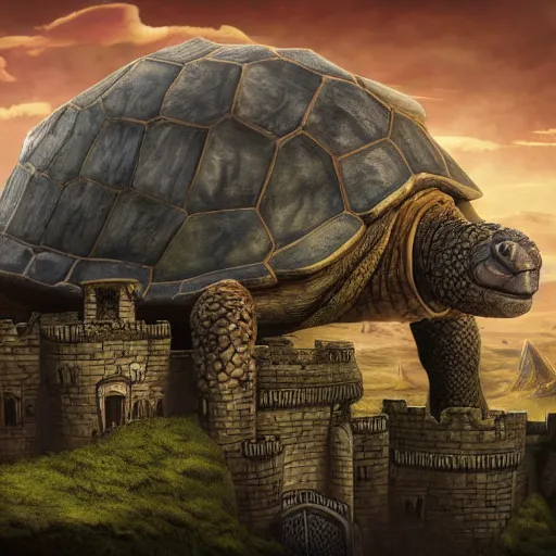 Prompt: large fantasy castle on top of a giant tortoise similar to howls moving castle and mortal engines, located in a harsh wasteland with harsh sunlight, distant - mid - shot, fantasy, hyper detailed, realistic