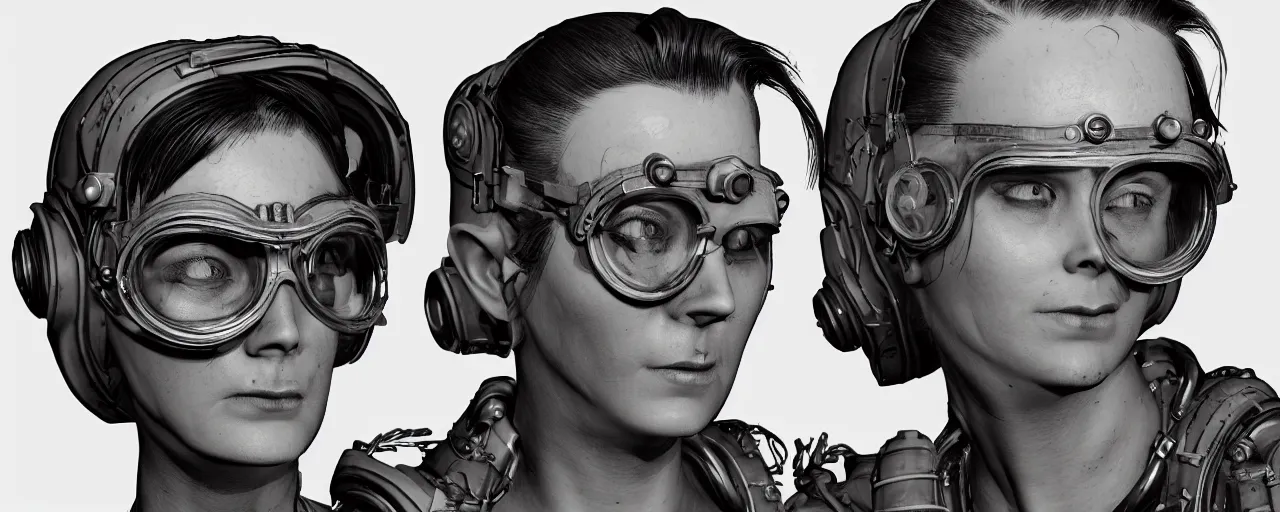 Image similar to ink character concept art 3 / 4 portrait of tattooed stoic heroic emotionless butch blonde woman engineer with short slicked - back hair, wearing dirty flight suit, wearing dark victorian goggles on forehead, awkward and uncomfortable and anxious, dirty. reactor room, scifi, hyper detailed. octane render. trending on artstation