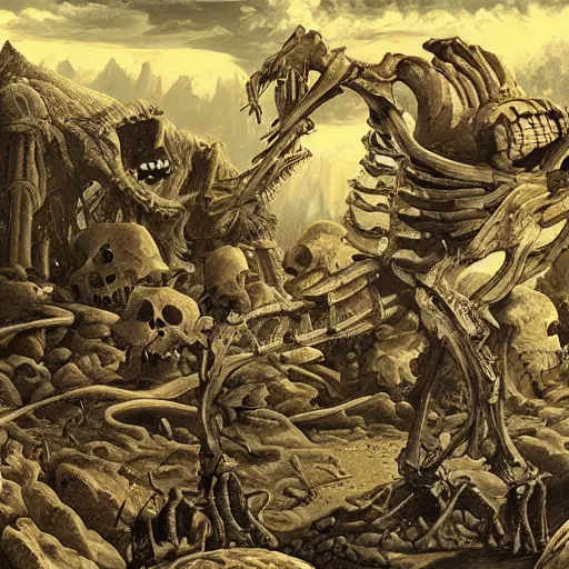 Prompt: Giant skeleton destroying kingdom, detailed art, surrealistic