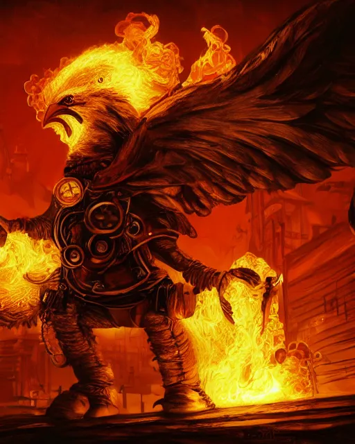 Image similar to Chicken, Anthropomorphized, holding flamethrower, raging, red, Golden Steampunk city atmosphere, magic the gathering artwork, D&D, fantasy, cinematic lighting, centered, symmetrical, highly detailed, digital painting, artstation, concept art, smooth, sharp focus, illustration, volumetric lighting, epic Composition, 8k, art by Akihiko Yoshida and Greg Rutkowski and Craig Mullins, heroic pose, oil painting, cgsociety