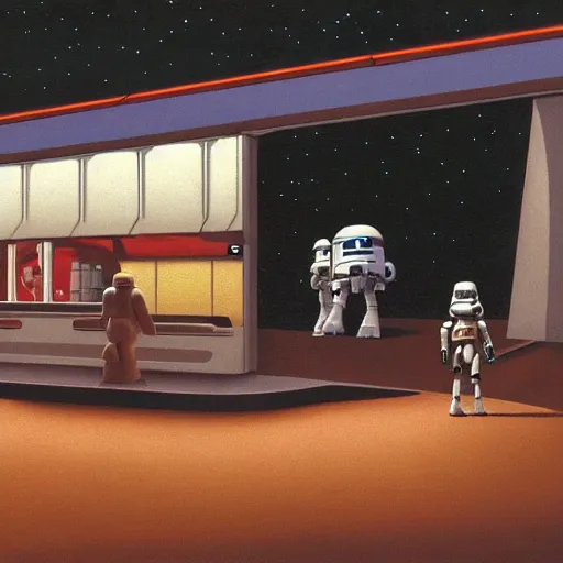 Image similar to ralph mcquarrie concept art of a futuristic mcdonalds. a space station is seen off in the distance with various droids and people walking in the foreground. a trooper is seen holding a brown mcdonalds bag.