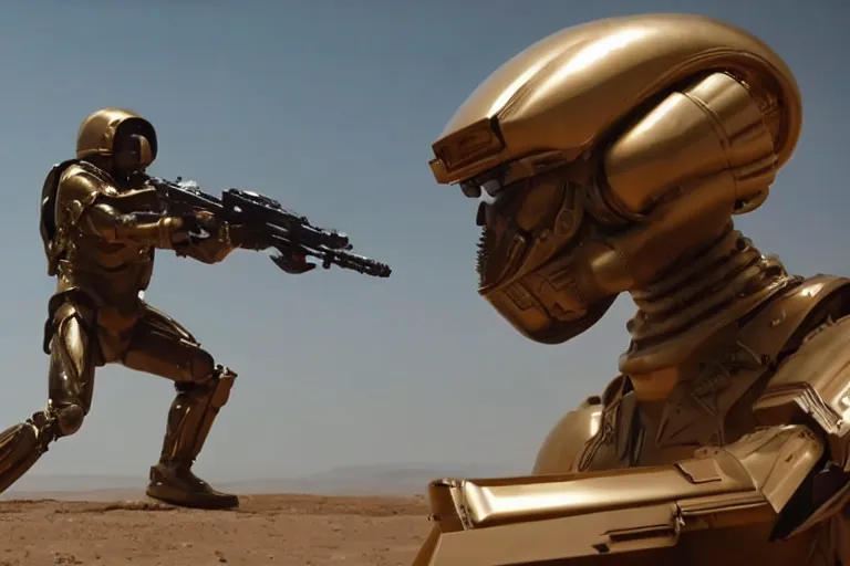 Prompt: vfx movie, sci - fi super soldier in worn military futuristic armor, gold visor, leaping with futuristic rifle in alien technology temple, by emmanuel lubezki