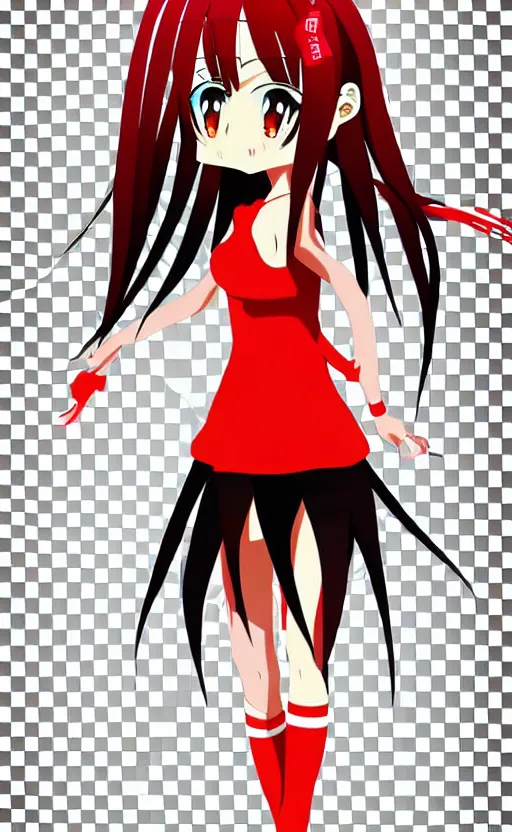 Image similar to anime girl with a detailed face and black hair in a red outfit, full body, trending, vector art, illustration,