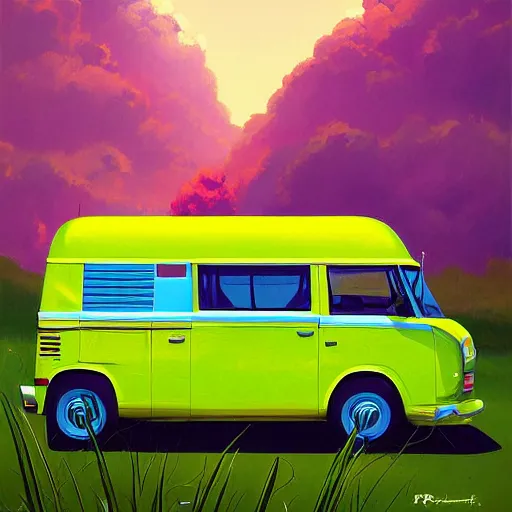 Image similar to retro painting illustration of a volswagen van, 2 d, pastel color, green, yellow, red, retro style art, trendy on artstation, by rhads