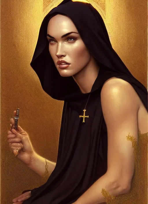 Image similar to portrait of megan fox as a sultry nun, catholic, church, bible, christian, intricate, headshot, highly detailed, digital painting, artstation, concept art, sharp focus, cinematic lighting, illustration, art by artgerm and greg rutkowski, alphonse mucha, cgsociety