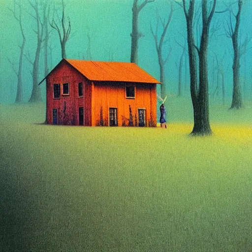 Prompt: Painting in a style of Beksinski of a colorful and detailed wooden house in the forest near the lake