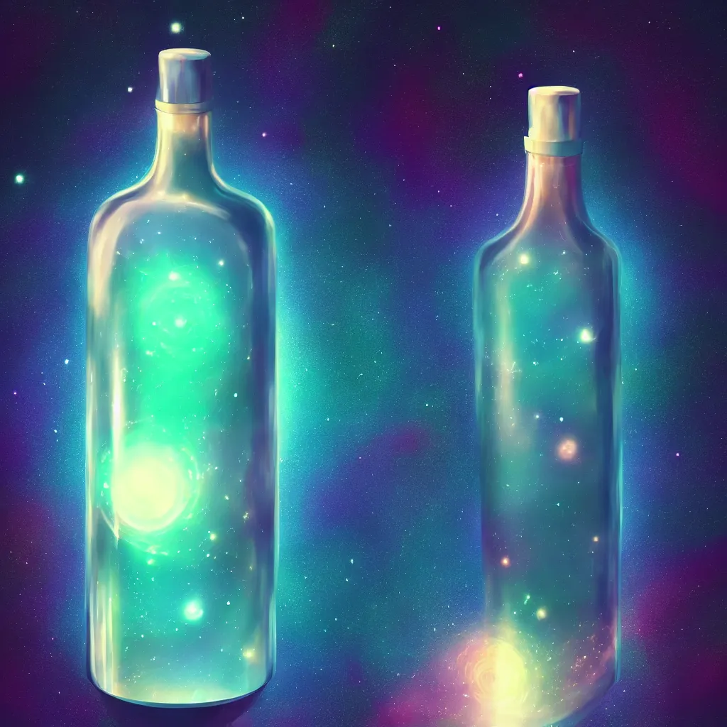 Image similar to the universe contained within a bottle, in a style of artstation