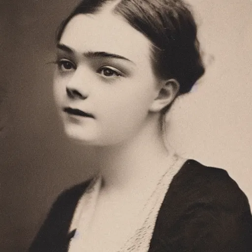 Prompt: headshot edwardian photograph of middle - aged elle fanning, realistic face, 1 9 0 0 s, 1 9 1 0 s, 1 9 2 0 s, grainy, victorian, detailed, slightly blurry