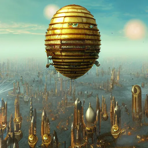 Image similar to enormous flying city in a faberge egg, sky, steampunk, fantasy art, masterpiece, unreal engine, hugh ferriss