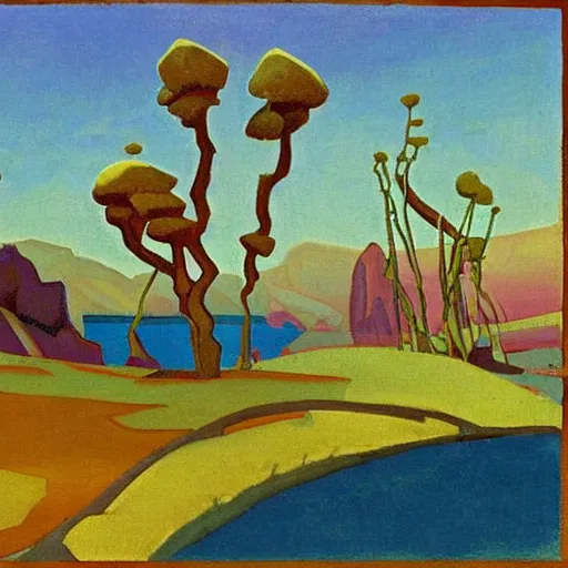 Prompt: painting of a lush natural scene on an alien planet by nicholas roerich. beautiful landscape. weird vegetation. cliffs and water.