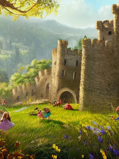 Image similar to children playing inside a meadow in the castle walls. intricate, elegant, highly detailed, digital painting, artstation, concept art, sharp focus, illustration, by justin gerard and artgerm, 8 k