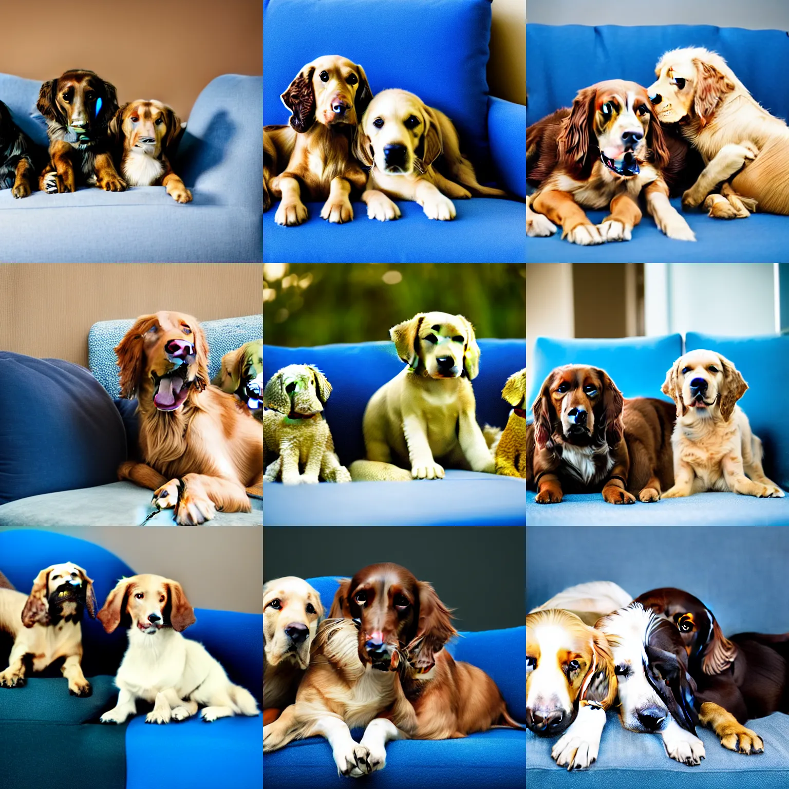 Prompt: a spaniel, Labrador and golden retriever spread out on a plush blue sofa. Award winning photograph, soft focus, depth of field, rule of thirds, style of Vogelsang, Elke