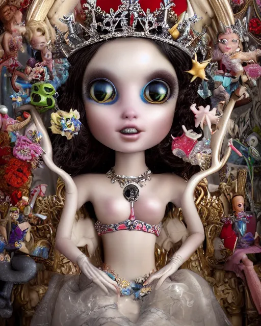 Prompt: highly detailed closeup, face profile portrait of a tin toy goth fairytale princess wearing a crown and sitting on a throne, bikini, depth of field, fashion photoshoot by nicoletta ceccoli, mark ryden, lostfish, dan decarlo, bob clampett, max fleischer, breathtaking, detailed and intricate environment, 8 k resolution, hyperrealistic, octane render