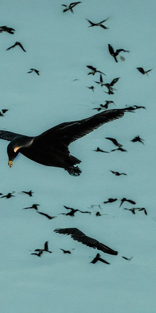 Prompt: a memory of sand slipping through fingers, black seagulls in the distance, teal lighting by