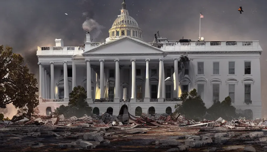 Prompt: destroyed washington dc with damaged collapsed buildings, debris, ruins, white house, capitol, fire, ashes, smoke columns, hyperdetailed, artstation, cgsociety, 8 k