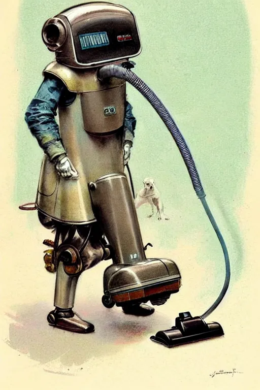 Prompt: (((((1950s retro robot dog vacuum cleaner. muted colors.))))) by Jean-Baptiste Monge !!!!!!!!!!!!!!!!!!!!!!!!!!!