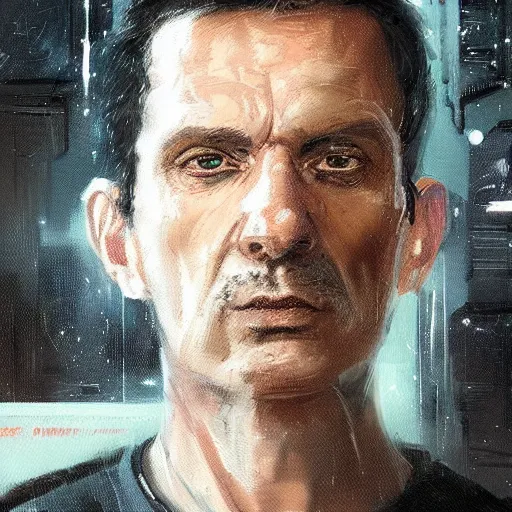 Image similar to Portrait of a man by Greg Rutkowski, he is about 50 years old, his features are a mixture between polish and persian, messy black short hair, tall and slim, tired expression, respectable authority figure, he is wearing a futuristic space gear, highly detailed portrait, scifi, digital painting, artstation, concept art, smooth, sharp foccus ilustration, Artstation HQ.