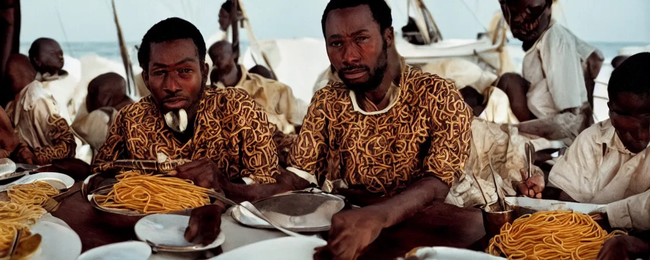 Image similar to vasco da gama sailing around africa, eating spaghetti, small details, intricate, canon 8 0 mm, cinematic lighting, wes anderson film, kodachrome