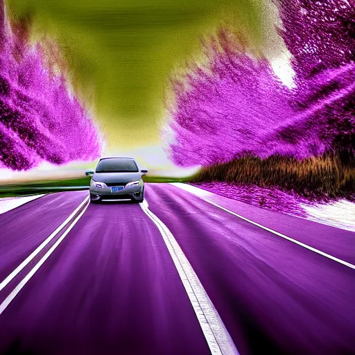 Prompt: purple tornado following white minivan, photo, 4k, realism