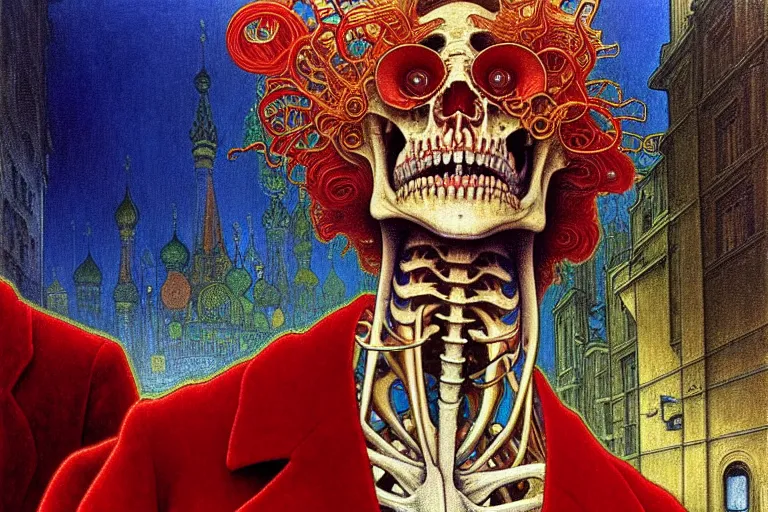 Prompt: realistic detailed closeup portrait painting of a single skeleton wearing red velvet blazer in a crowded futuristic moscow street by jean delville, amano, yves tanguy, alphonse mucha, ernst haeckel, ilya repin, edward robert hughes, andrei tarkovsky, roger dean, rich moody colours, blue eyes