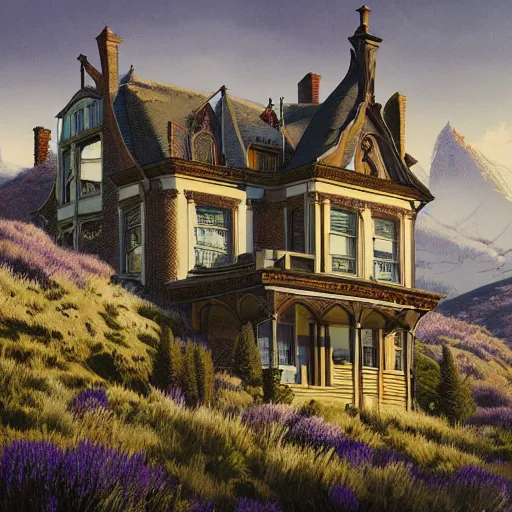 Image similar to illustration of an old victorian mansion, with beautiful mountain heather growing around it, large windows, greg rutkowski, mcbess