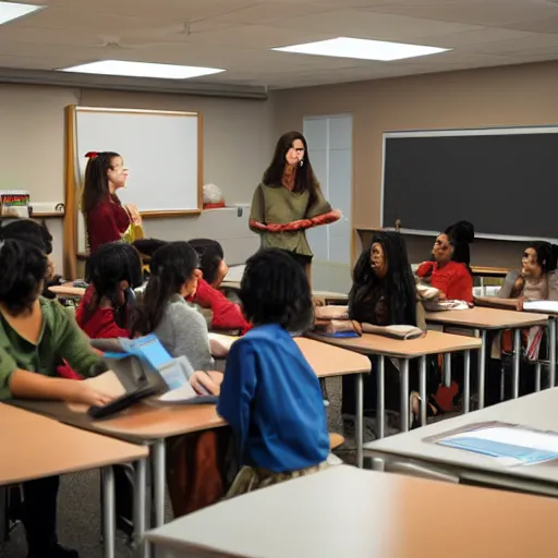 Prompt: jesus in front a classroom teaching students, cinematic