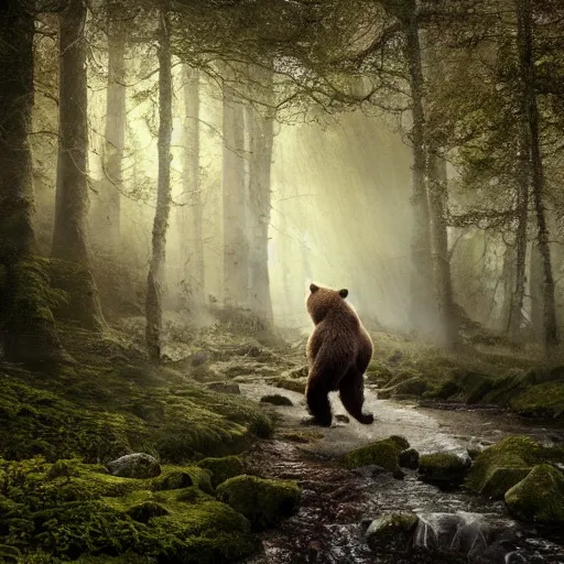 Image similar to a large grizzly bear monster running quickly through a woodland, magical forest, fantasy, Ireland, England, king Arthur, Lord of the rings, cinematic, realistic style, beautiful, majestic, dramatic lighting, early morning, dawn CGsociety, realistic, hyper maximalist, golden ratio, octane render, rule of thirds, wide shot , 8k resolution, epic volumetric light, cinematography, concept art, Artstation trending, environments, fantasy