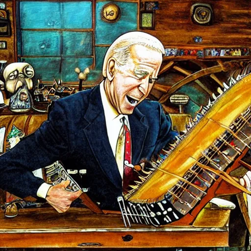 Image similar to masterpiece painting of Joe Biden playing the hurdy gurdy in a fantasy tavern by Ian Miller