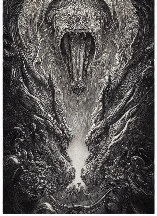Prompt: highly detailed picture of great dragon, sketch tattoo, edge of the universe, perfectly face, highly detailed, masterpiece, trending on artstation, golden ratio, cinematic romantic magical, perfect intricate highly detailed painting by gustave dore, digital art
