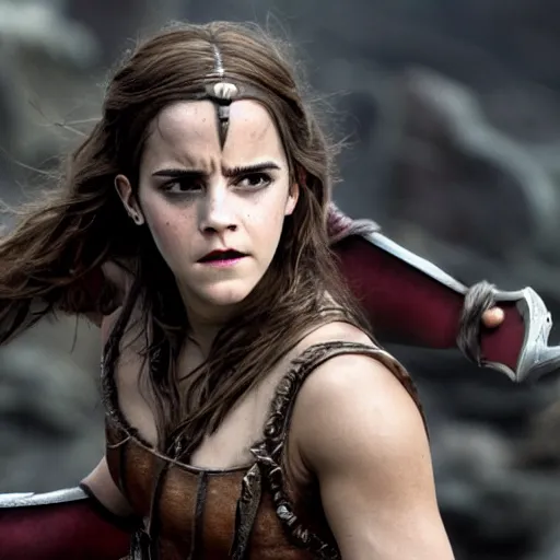 Prompt: emma watson from the new conan the barbarian movie, movie still, 8 k, realistic