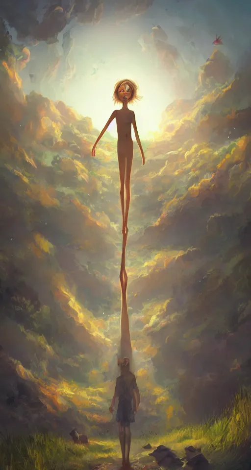 Prompt: A beautiful artwork illustration, a tall humanoid creature radiating curiosity, caring, and joy, exploring and looking around in an alternate universe, featured on artstation, wide angle, vertical orientation