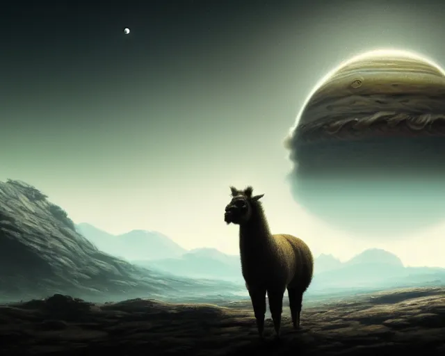 Image similar to 5 5 mm portrait photo of geralt riding an alpaca on the surface of io. jupiter is visible in the background. gritty fantasy atmosphere. art by greg rutkowski. highly detailed 8 k. intricate. lifelike. soft light. nikon d 8 5 0.
