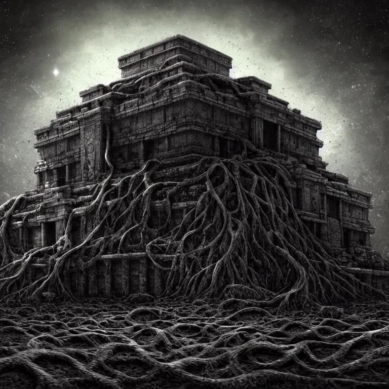 Prompt: still life of abandoned mayan temple on exoplanet, covered with tentacles, roots, wires, tubes, standing in a desolate empty wasteland, lit by a column of light from flying saucer ufo above, baroque painting, creepy, nightmare, dream-like heavy atmosphere, dark fog, darkness, hell, surreal abandoned buildings, baroque painting, beautiful detailed intricate insanely detailed octane render trending on Artstation, 8K artistic photography, photorealistic, chiaroscuro, Raphael, Caravaggio, Beksinski, Giger