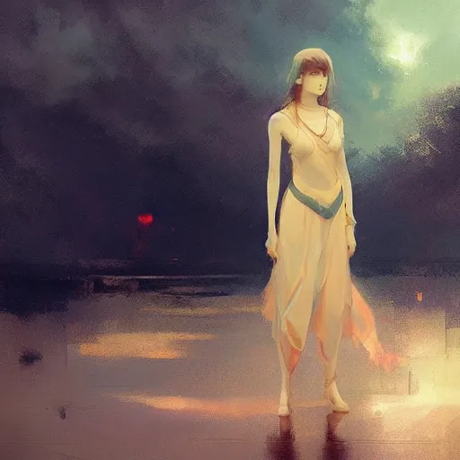 Image similar to standing wistfully, looking into the sky, ruminating, contemplating, serene, color block, noisy background, art by greg rutkowski, pixiv art, art nouveau, yoshitaka amano