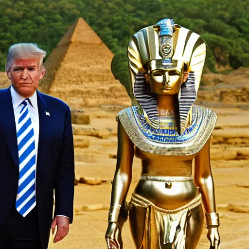 Image similar to donald and melania trump as egyptian pharaoh and queen, elegant, majestic, powerful, pyramids, anunaki, hieroglyphs, lush, rainforest, river, green, river god, wilbur smith, gold, trump tower