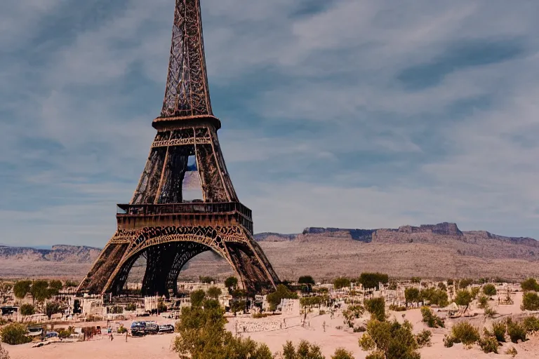 Prompt: nature photography of the eiffel tower in the nevada desert, award winning, digital photograph, telephoto lens, national geographic, very detailed, 8 k