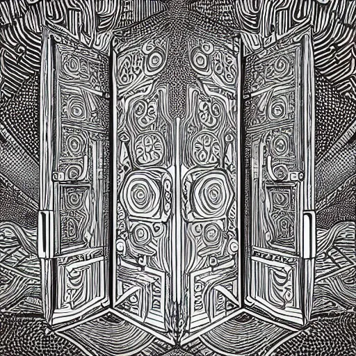 Prompt: “geometrically surreal doors, extremely high detail, photorealistic, intricate line drawings, dotart, album art in the style of James Jean”