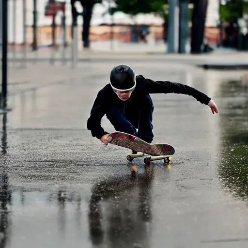 Image similar to teenager kick-flipping a skateboard over a puddle, XF IQ4, 150MP, 50mm, f/1.4, ISO 200, 1/160s, natural light, Adobe Photoshop, Adobe Lightroom, DxO Photolab, Corel PaintShop Pro, rule of thirds, symmetrical balance, depth layering, polarizing filter, Sense of Depth, AI enhanced