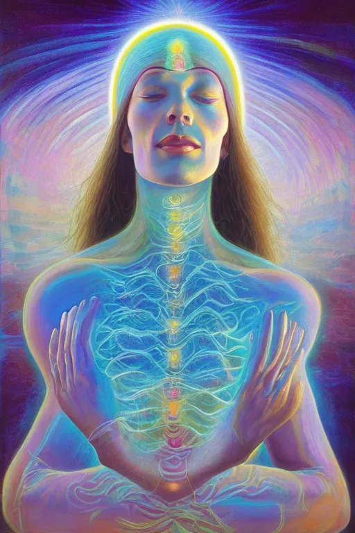 Image similar to transcendental meditation cult woman, opening third eye, chakra energy waves resonating from her body, ethereal aura, epic surrealism 8k oil painting, portrait, perspective, high definition, post modernist layering, by Raymond Swanland, Barclay Shaw